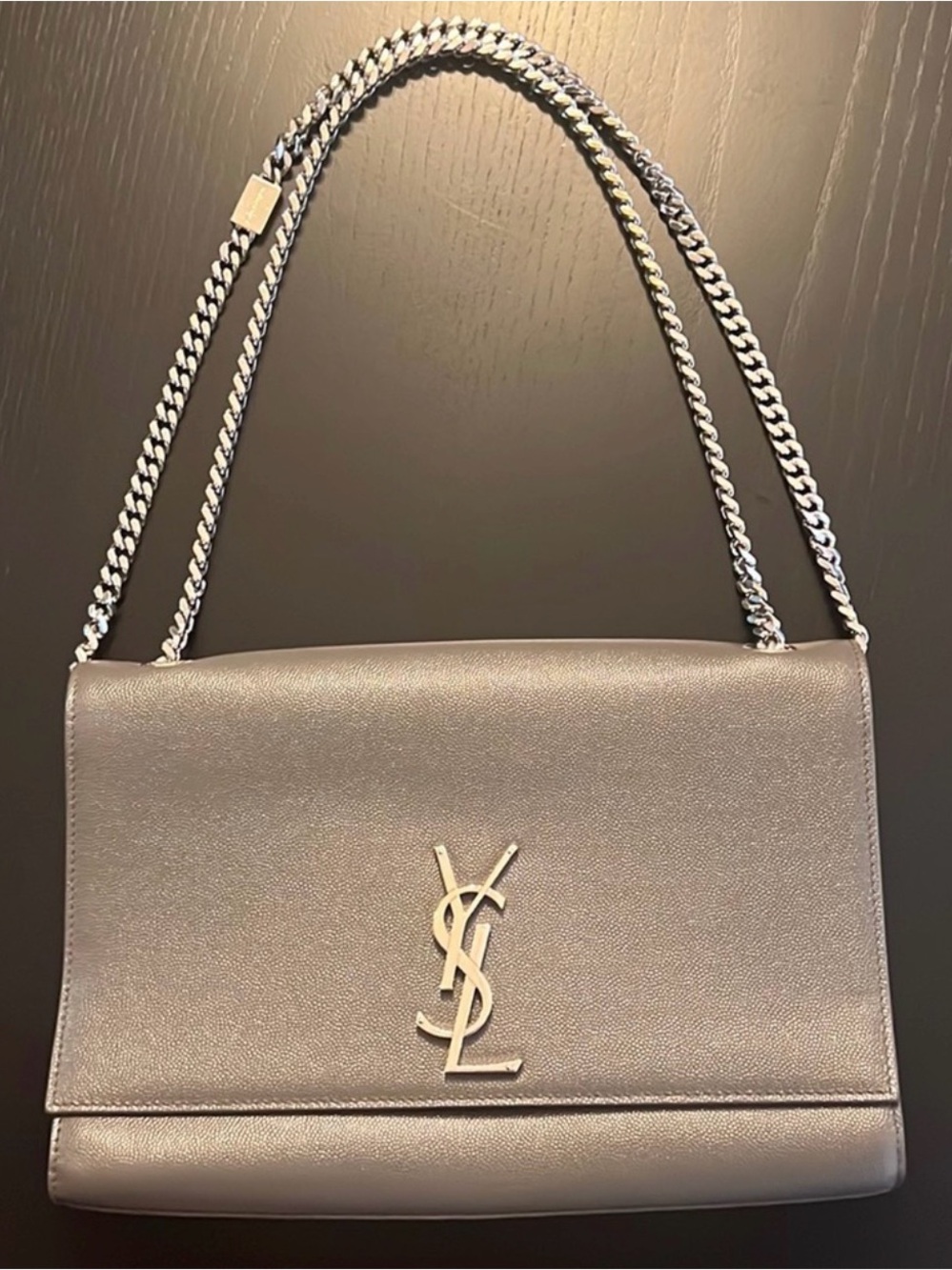 Authentic YSL  Saint Laurent Charcoal Gray Leather Logo Shoulder Bag